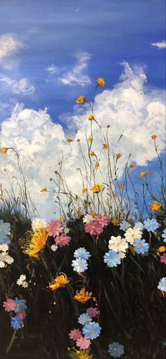 an oil painting of flowers and clouds in the sky