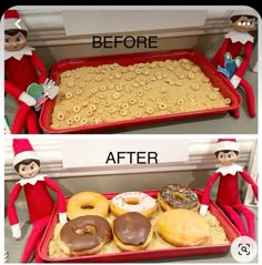 an elf is sitting in front of a tray with donuts on it and before and after