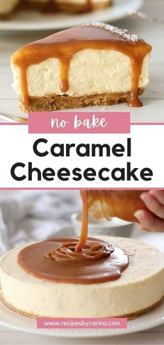 no bake caramel cheesecake on a white plate