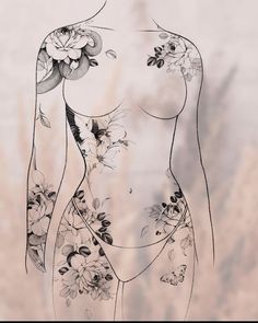 an artistic drawing of a woman with flowers on her chest and arms, in black and white