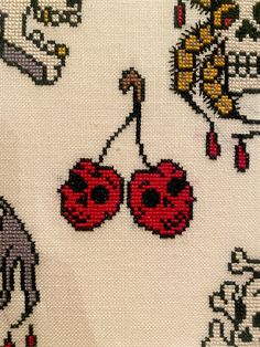 the cross stitch pattern has two cherries on it