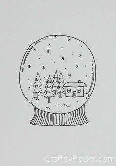 a drawing of a snow globe with houses in it