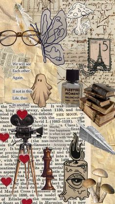 collage of various items including books, eyeglasses and other things on paper