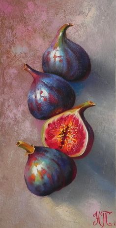 an oil painting of three figs on a pink background