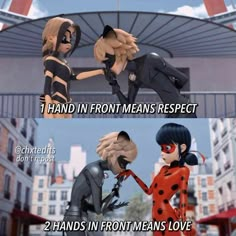 two cartoon characters are talking to each other in front of a building and the caption reads, hand in front means respect 2 hands in front means love