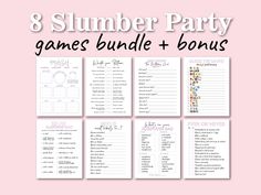 the 8 slumber party games bundle is shown on a pink background with black and white images