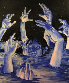 two hands reaching up into the air above water with rocks and stars in the background