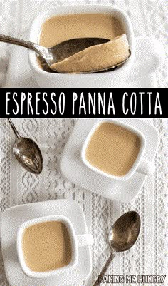 espresso panna cota in white bowls with spoons