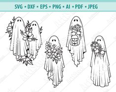 halloween ghost clipart with flowers and pumpkins