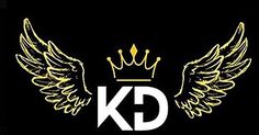 the kd logo with gold wings and a crown on it's back ground