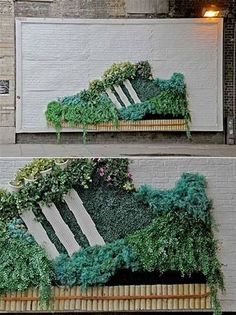 two pictures of a bench covered in plants