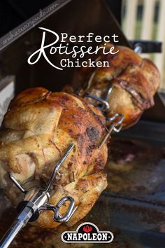 a chicken is being cooked on the grill with tongs and meat cleaver