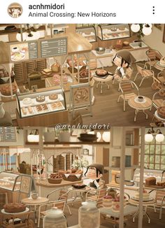 two pictures of people sitting at tables in a bakery