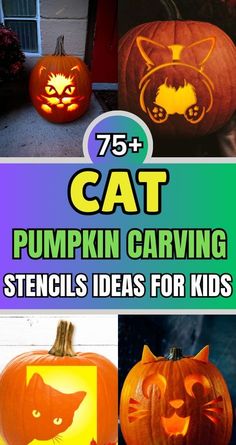 pumpkin carving stencils for kids with cat faces on them and the words, 75 + cat pumpkin carving stencils ideas for kids