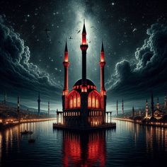 an artistic painting of a mosque in the middle of a night sky with stars and clouds