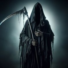 a man dressed in black holding a long stick and wearing a grimy robe with skeleton hands