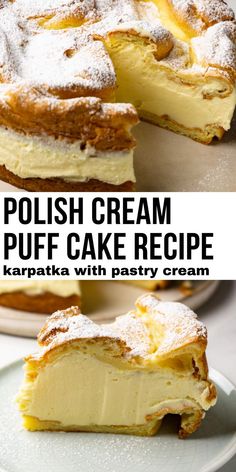 two pictures with different types of desserts on them and the words polish cream puff cake recipe