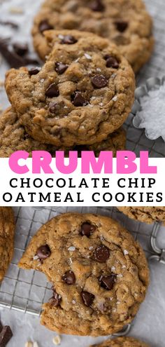 chocolate chip oatmeal cookies with the words crumbl on top and bottom