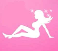 the silhouette of a woman sitting on her stomach with butterflies flying over her head, against a pink background