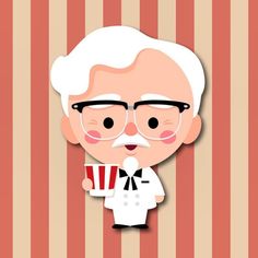 an old man with glasses holding a popcorn cup in front of a striped wallpaper