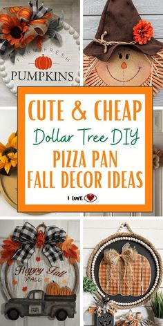 pumpkins and other fall decorations with the words cute & cheap dollar - tree diy pizza pan fall decor ideas