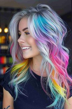 Pastel Roots Blonde Hair, Gray And Rainbow Hair, Black With Rainbow Hair, Rainbow Hair Placement, Rainbow And Blonde Hair, Rainbow Highlights In Brown Hair, Unique Hair Highlights, Blonde With Pop Of Color, New Hair Color Ideas For Blondes