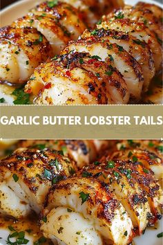 garlic butter lobster tails on a white plate