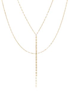 A twist of golden chains gives alluring style to a delicate 14-karat gold necklace. The fluid design moves throughout the day, taking on different shapes that further the style's intrigue. 23" longest strand length; 18" shortest strand length; 1" extender; 4 1/2" drop Lobster clasp closure. 14k gold. Made in the USA of imported materials. Formal Long Drop Chain Necklace, Elegant Gold Chain Lariat Necklace For Formal, Elegant Gold Chain Lariat Necklace For Formal Occasions, Formal Long Drop Delicate Chain Necklace, Gold Lariat Necklace With Figaro Chain, Gold Lariat Necklace For Layering, Formal Gold Chain Lariat Necklace, Formal Yellow Gold Backdrop Necklace With Delicate Chain, Elegant Gold Backdrop Necklace With Chain