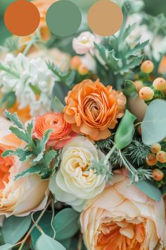 an orange and white bouquet with greenery on the bottom is featured in this image