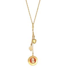 This vintage-inspired necklace features a trio of charms including a gold-toned heart, simulated pearl sphere and a round simulated carnelian and ivory-colored cameo locket pendant set on an etched gold tone frame. This beautiful necklace is a unique piece to own or gift. This vintage-inspired necklace features a trio of charms including a gold-toned heart, simulated pearl sphere and a round simulated carnelian and ivory-colored cameo locket pendant set on an etched gold tone frame. This beautif Cameo Locket, Vintage Tattoo Art, 1928 Jewelry, Round Locket, Charms Necklace, Vintage Inspired Jewelry, Cameo Jewelry, Inspired Necklace, Locket Charms