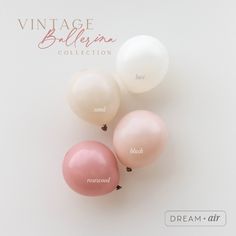 three balloons with names on them sitting next to each other in front of a white background