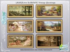 a set of nine framed paintings depicting different scenes