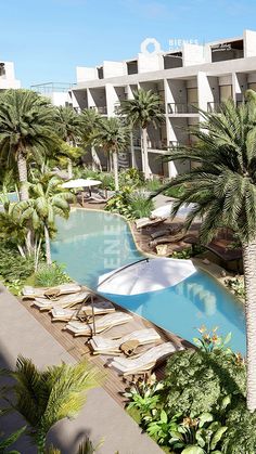 an artist's rendering of a hotel pool with lounge chairs, umbrellas and palm trees