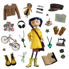 a doll is surrounded by various items such as shoes, hats, and other things