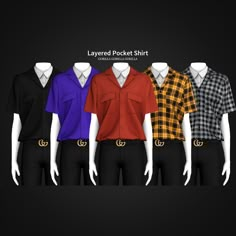 several men's shirts are shown in different colors