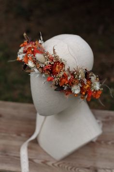 This unique rustic boho style garland is perfect for brides looking for a handd made flower corwn from real stabilised flowers for their wedding. Flowers in orange, beige and other dried and stabilised florals. The flower corwn is adjustable and tied with lace. If you are unsure of the shade, you can simply send me a photo of your dress and I will take a look. These preserved everlasting flowers are real flowers and are processed to preserve their beauty and colours for years to come. They are not artificial or silk flowers. There may be slight variations as they are handmade from natural flowers. All elements are made by me in my home workshop - Manufaktura Wyobraźni. The flower crown is perfect for romantic boho styling. It can be worn with either loose hair or up-do. We can also make ot Everlasting Flowers, Hair Wreath, Bride Hair Accessories, Rustic Flowers, Floral Accessories, Boho Hairstyles, Loose Hairstyles, Floral Crown, Bride Hairstyles