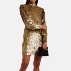 Brand New With Tags Luxury Long Sleeve Sequin Dress For Formal Occasions, Luxury Long Sleeve Holiday Dresses, Chic Embellished Gold Sequin Dress, Chic Gold Embellished Sequin Dress, Luxury Sequined Cocktail Dresses, Chic Long Sleeve Sequin Dress For Wedding, Chic Gold Festive Dress, Chic Festive Gold Dress, Luxury Sequined Evening Mini Dress