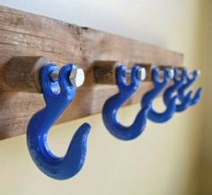 three blue hooks are hanging on the wall