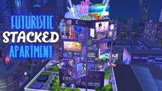 the futuristic stacked apartment building is shown in this animated video game image with text that reads, futuristic stacked apartment