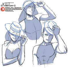 three different poses of a woman with her hands on her head