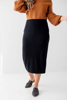 Effortless and elegant, the 'Sasha' is what skirt dreams are made of! Tailored in a modern midi length, this soft knit pull-on skirt is fitted with a hidden elastic waistband for a secure fit. From everyday wear to business casual to Sunday morning - this basic skirt is a must have for every modest wardrobe! Exclusively designed with you in mind. 95% Rayon 5% Spandex Hand Wash Cold Do Not Bleach Lay Flat or Hang to Dry Low Iron if Needed Partially Lined Model Height 5'6" | Wearing Size Medium Pl Modest Stretch Midi Skirt, Chic Pencil Skirt For Loungewear, Knit Skirt For Spring Loungewear, Chic Lined Skirt For Loungewear, Chic Loungewear Skirt With Elastic Waistband, Chic Skirt With Elastic Waistband For Loungewear, Chic Knit Skirt For Loungewear, Flowy Midi Skirt For Loungewear, Stretch Midi-length Pencil Skirt For Day Out