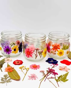 three glass jars with flowers painted on them and some leaves scattered around the jar lids