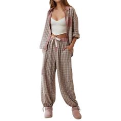 PRICES MAY VARY. Material: Women striped pajamas set made by polyester blend fabric. Soft, breathable, lightweight, skin friendly, stretchy, comfy to wear. Plaid print pajamas set for women, 2 piece sleepwear nightwear, long sleeve button down pjs set. Design: Long sleeve button down shirt, long sleeve top with pants, baggy loose fit, cute plaid pjs, striped pajamas set. Lapel v neck pajamas shirts, turn down collared, stripes print pjs set, relaxed fit blouse, checkered print tops, curved hem, Top In Pizzo, Plaid Shirt Outfits, Stylish Pajamas, Business Attire Women, Cute Pjs, Patchwork Shirt, Linen Fashion, Plaid Outfits, Contemporary Chic