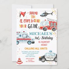 a birthday card with firetrucks and ambulances on it, says sound the alarm & grab your gear michael's 3rd birthday is almost almost here