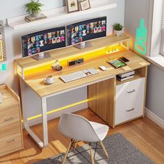 a computer desk with two computers on top of it and a chair next to it