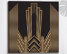 a black and gold art deco design with skyscrapers