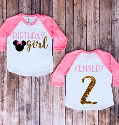 two birthday shirts with the number 2 and minnie mouse ears on them, both pink and white