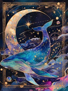 a painting of a whale with stars and moon in the background