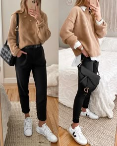 Business Casual Sweater Outfits, Fall Outfits Everyday, Sweater Work Outfit, White Top Black Pants, Camel Sweater Outfit, Camel Sweater, Mussoorie, Sweater White