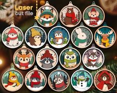 christmas ornament set with cute animals in hats and scarves on the tree